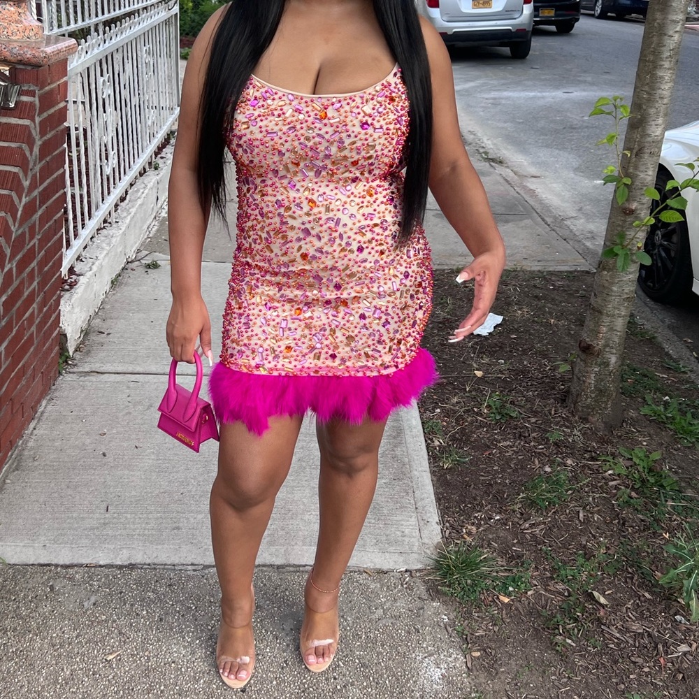 Pretty little thing premium multi embellished strapped bodycon dress.